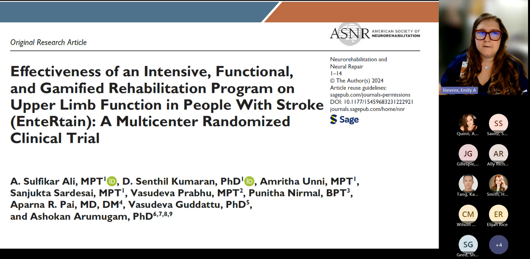 Presentation slide of a clinical research article titled 'Effectiveness of an Intensive, Functional, and Gamified Rehabilitation Program on Upper Limb Function in People With Stroke (EnteRtain): A Multicenter Randomized Clinical Trial,' shown during a virtual meeting.